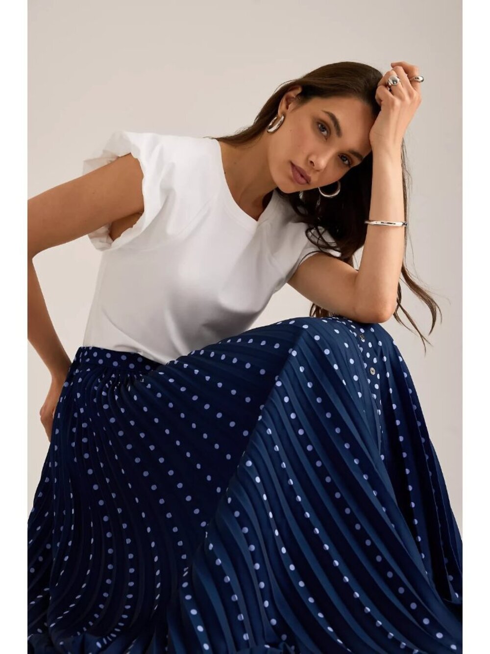 Anthropologie Maeve Pleated Button-Front Maxi Skirt Navy Blue Polka Dot 2X - Picture 2 of 3